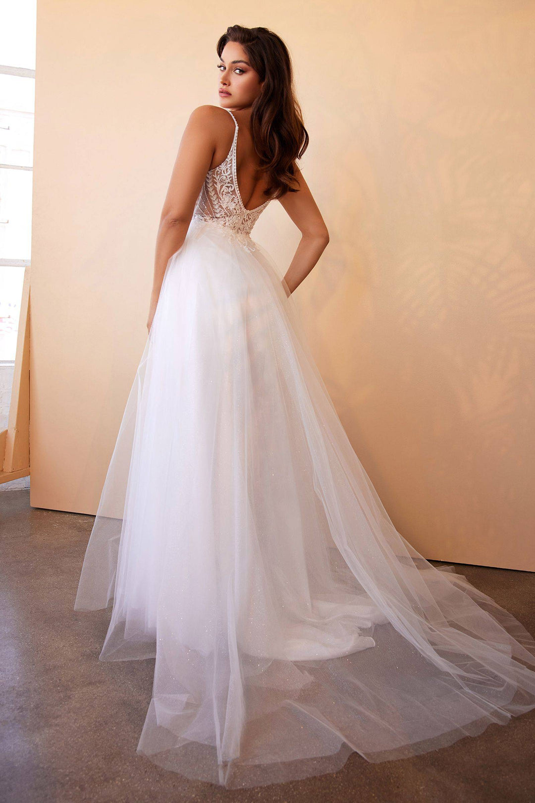 Layered Tulle A-Line Floral Laced V-neck V- Back Bodice Long Bridal & Wedding Dress CDCD0195W