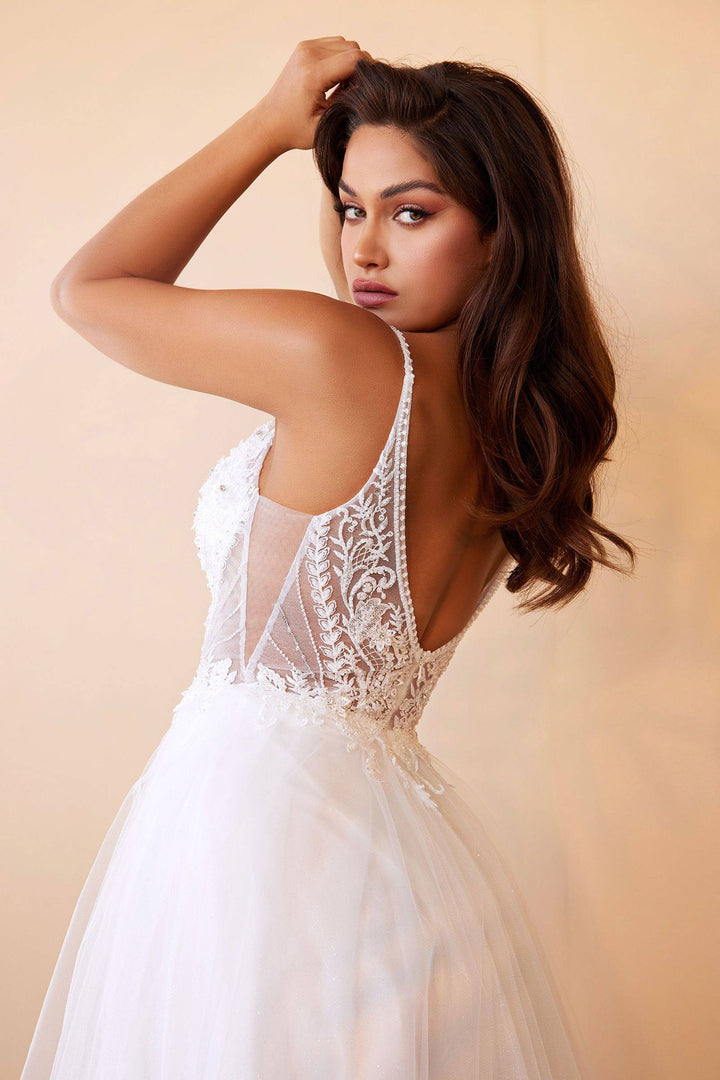 Layered Tulle A-Line Floral Laced V-neck V- Back Bodice Long Bridal & Wedding Dress CDCD0195W