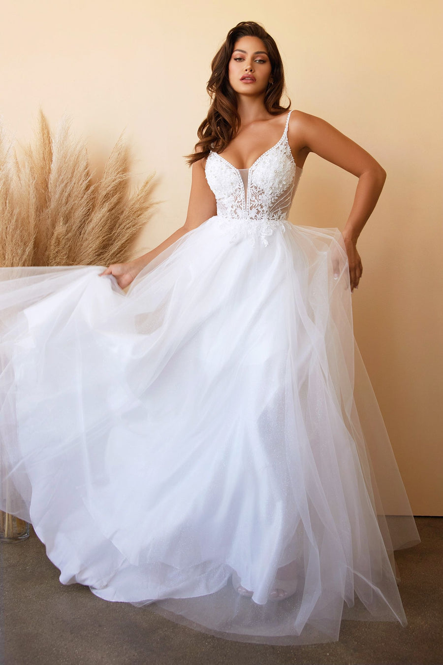 Layered Tulle A-Line Floral Laced V-neck V- Back Bodice Long Bridal & Wedding Dress CDCD0195W-0