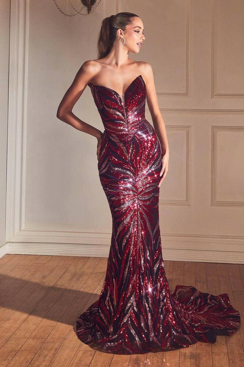 Strapless Sequin Printed Mermaid Open Corset Back Long Evening Dress CDCD0199-Shangri-La Fashion