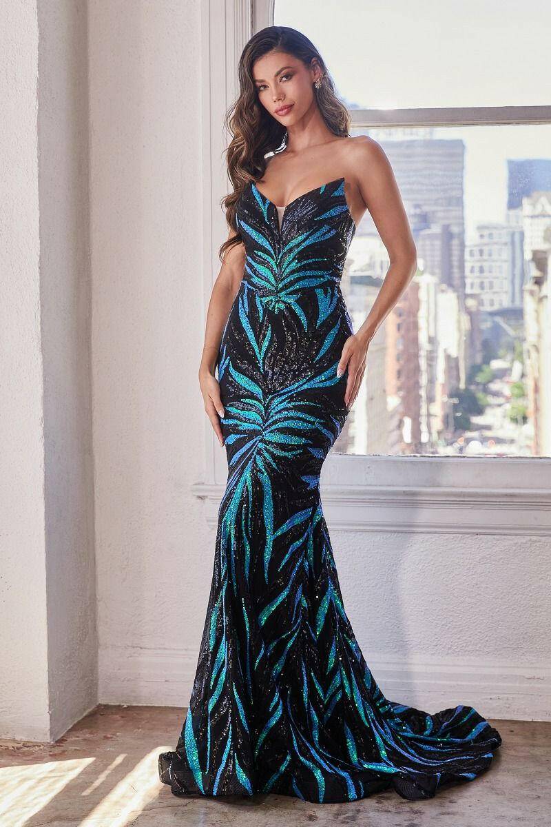 Strapless Sequin Printed Mermaid Open Corset Back Long Evening Dress CDCD0199-Shangri-La Fashion