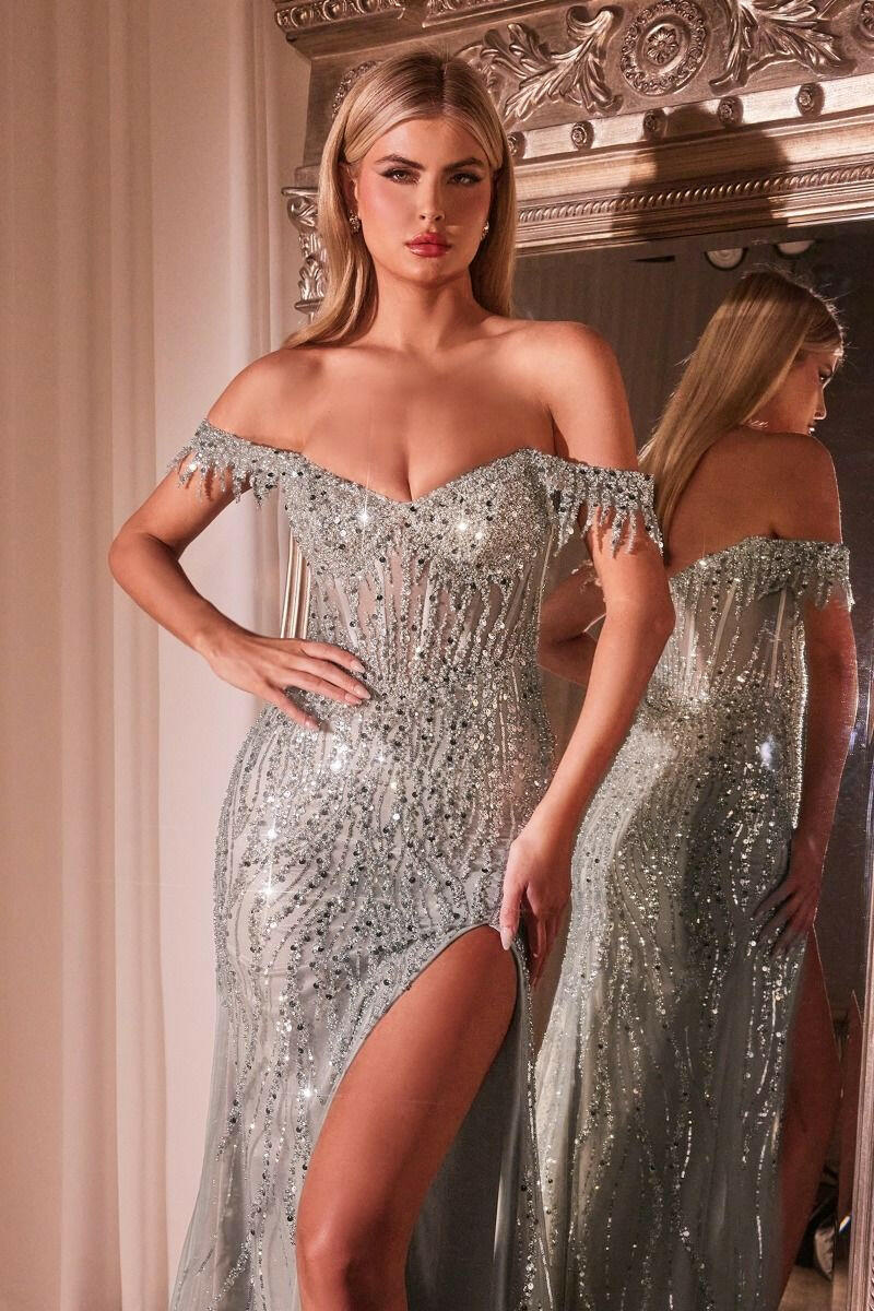 Off The Shoulder Sequin Sheer Structured Corset Long Prom & Bridesmaid Dress CDCD0203 Sale-1