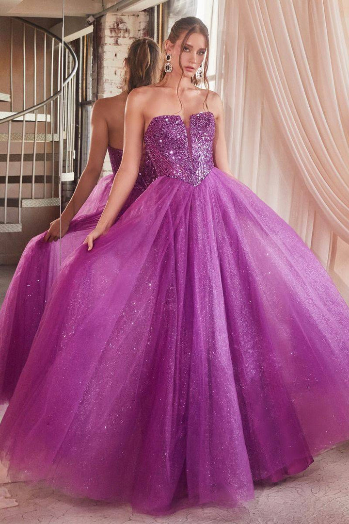 Strapless Sequin & Tulle A-Line Open Back Embroidered Bodice Long Prom Dress CDCD0217