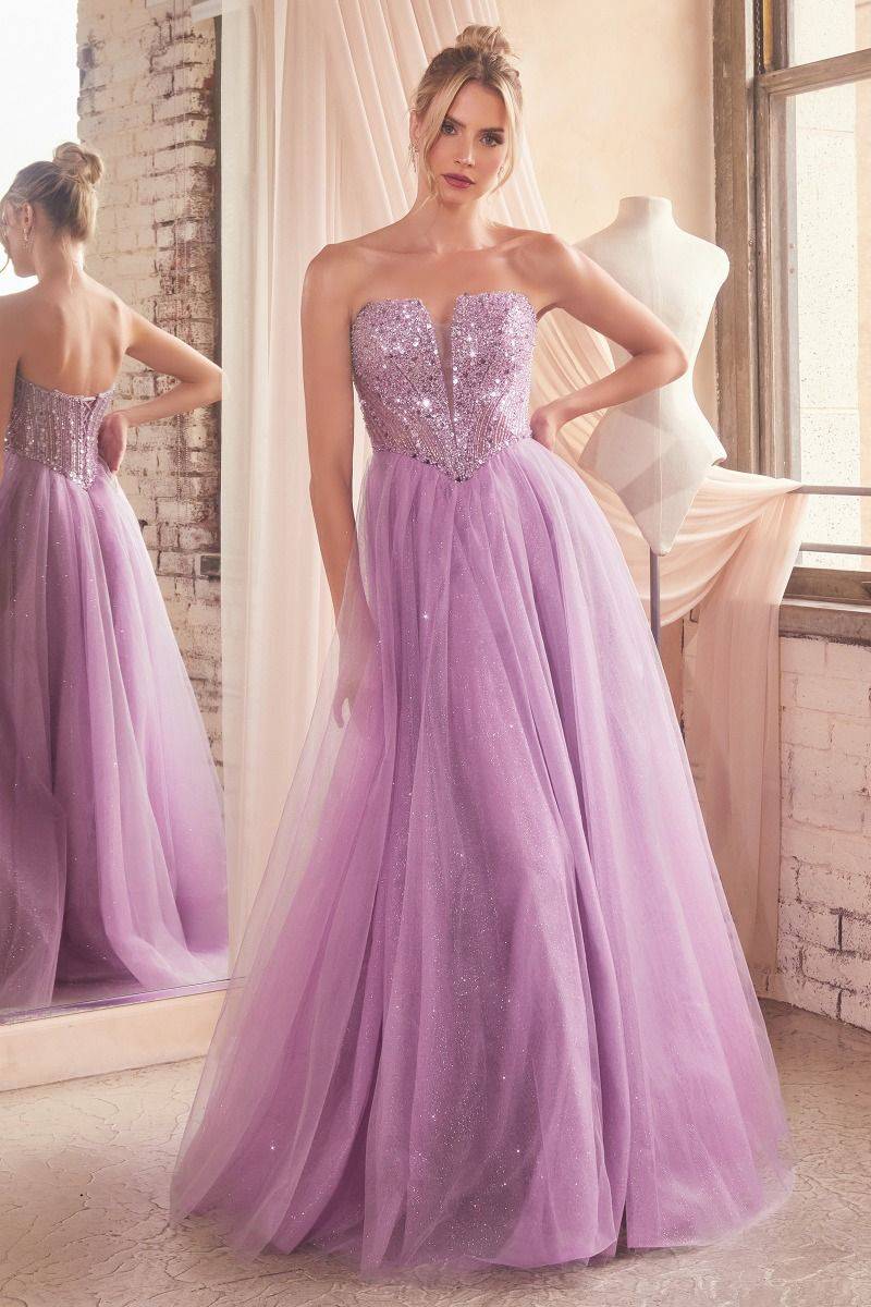 Strapless Sequin & Tulle A-Line Open Back Embroidered Bodice Long Prom Dress CDCD0217