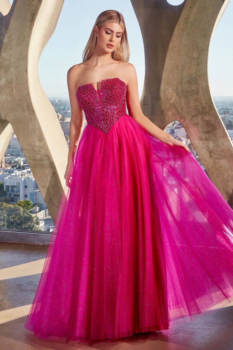 Strapless Sequin & Tulle A-Line Open Back Embroidered Bodice Long Prom Dress CDCD0217