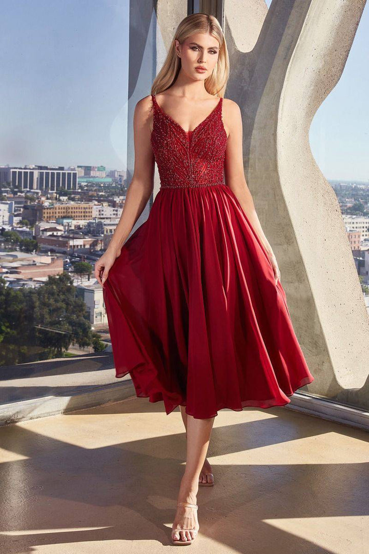 Chiffon A-Line V-Neck Embroidered Bodice Midi Evening Dress CDCD0225