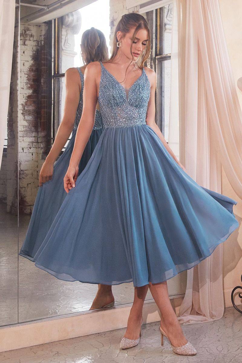 Chiffon A-Line V-Neck Embroidered Bodice Midi Evening Dress CDCD0225