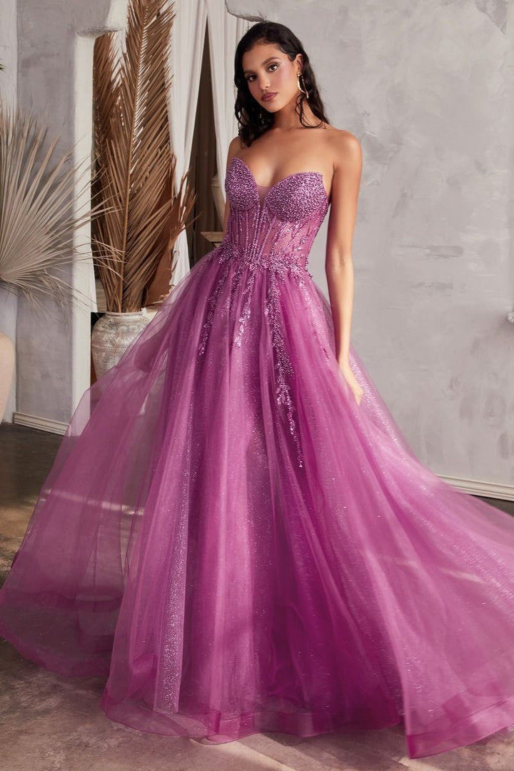 Strapless Layered Tulle Side Slit Sheer Bodice Long Prom Dress CDCD0230-5