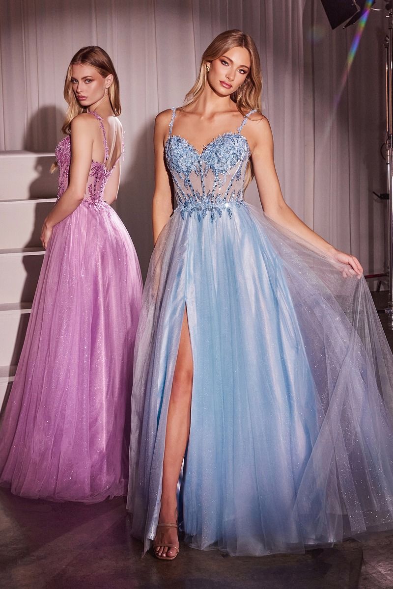 Lace & Tulle A-Line Side Slit Sweetheart Sheer Bodice Long Prom Dress CDCD0234-0