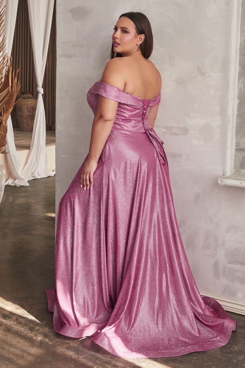 Metallic Plus Size Glitter Off Shoulder Laced Back Bodice Shimmer Long Prom & Ball Dress CDCD210C-2