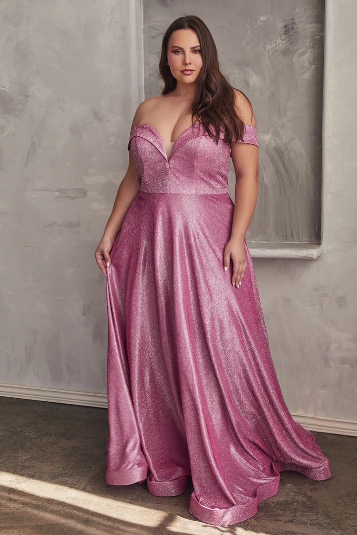 Metallic Plus Size Glitter Off Shoulder Laced Back Bodice Shimmer Long Prom & Ball Dress CDCD210C-1