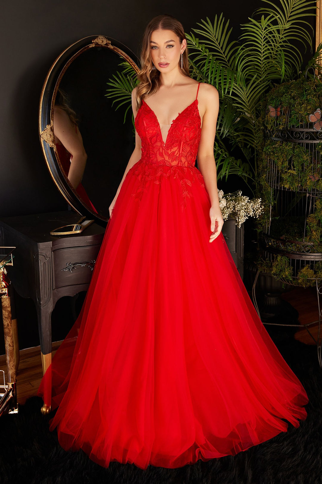 Layered Tulle A-Line Floral Vintage Sheer V-neck Spaghetti Strap Long Prom Dress CDCD2214-3