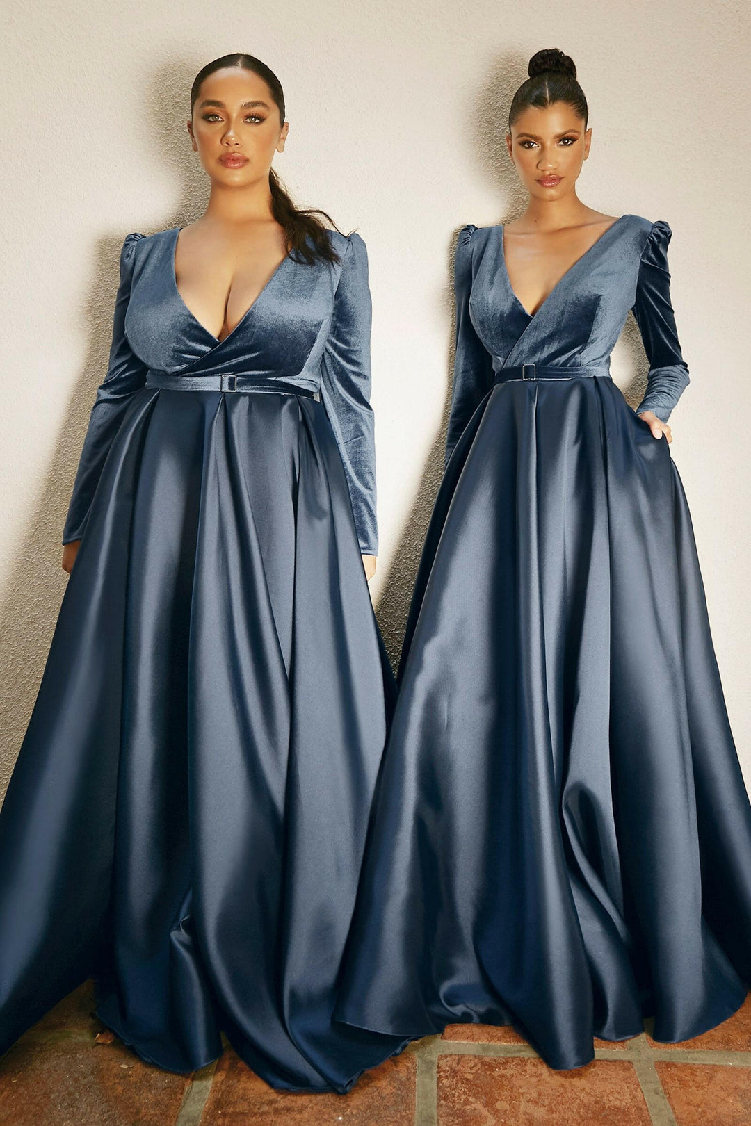 Velvet Long sleeves V-neck Fitted Bodice A-line Plus Size Long Ball & Prom Dress CDCD226-0