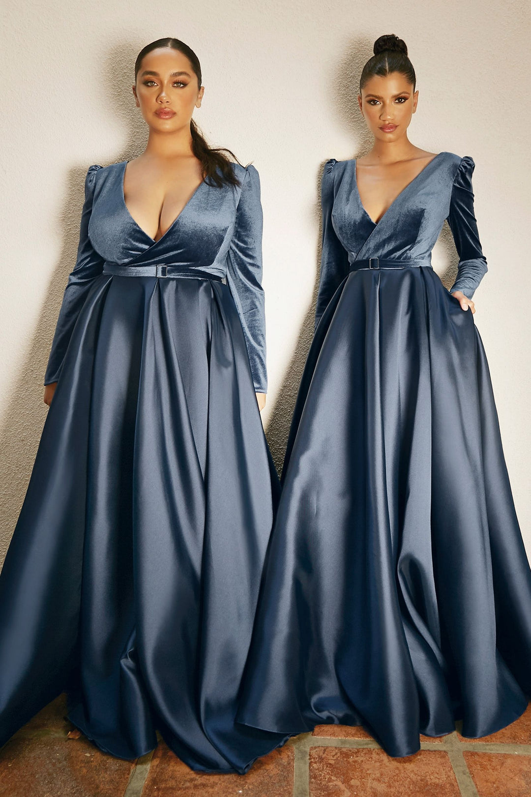 Curve Long sleeves V-neck Fitted Bodice A-line Plus Size Long Bridesmaid Dress CDCD226C-0