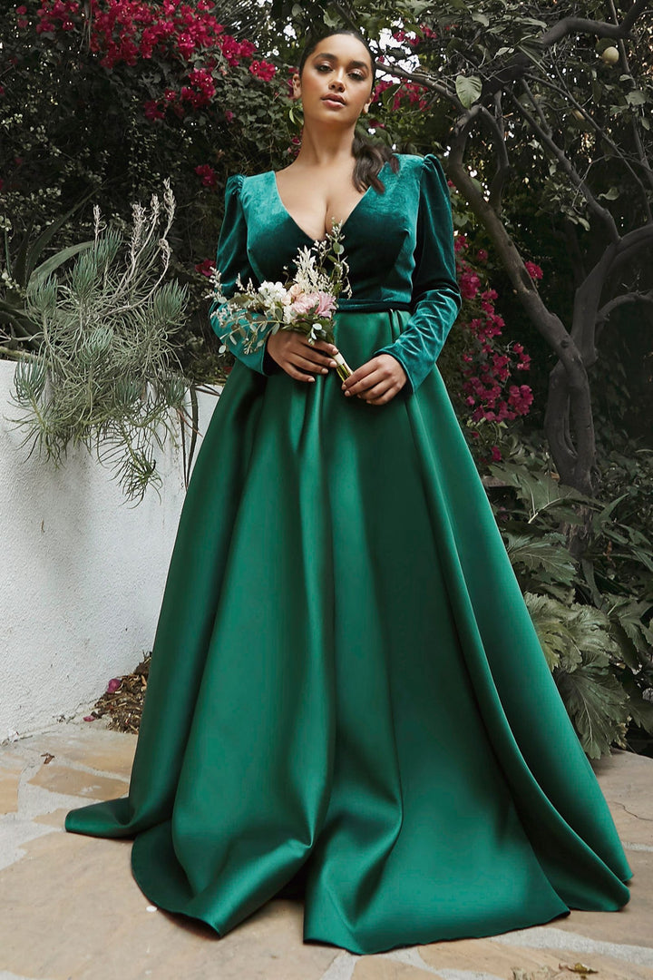 Velvet Long sleeves V-neck Fitted Bodice A-line Plus Size Long Ball & Prom Dress CDCD226-1