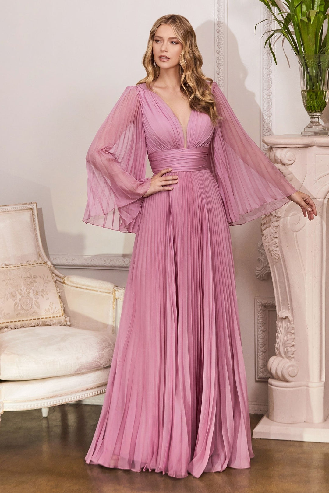 Pleated Chiffon Deep V-Neck Long Sleeves Open Back Long Prom & Bridesmaid Dress CDCD242-0