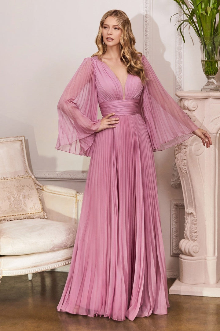 Pleated Chiffon Deep v-neck Open Back and Covered Shoulders Long Mother of the Bride Dress CDCD242 Sale-1