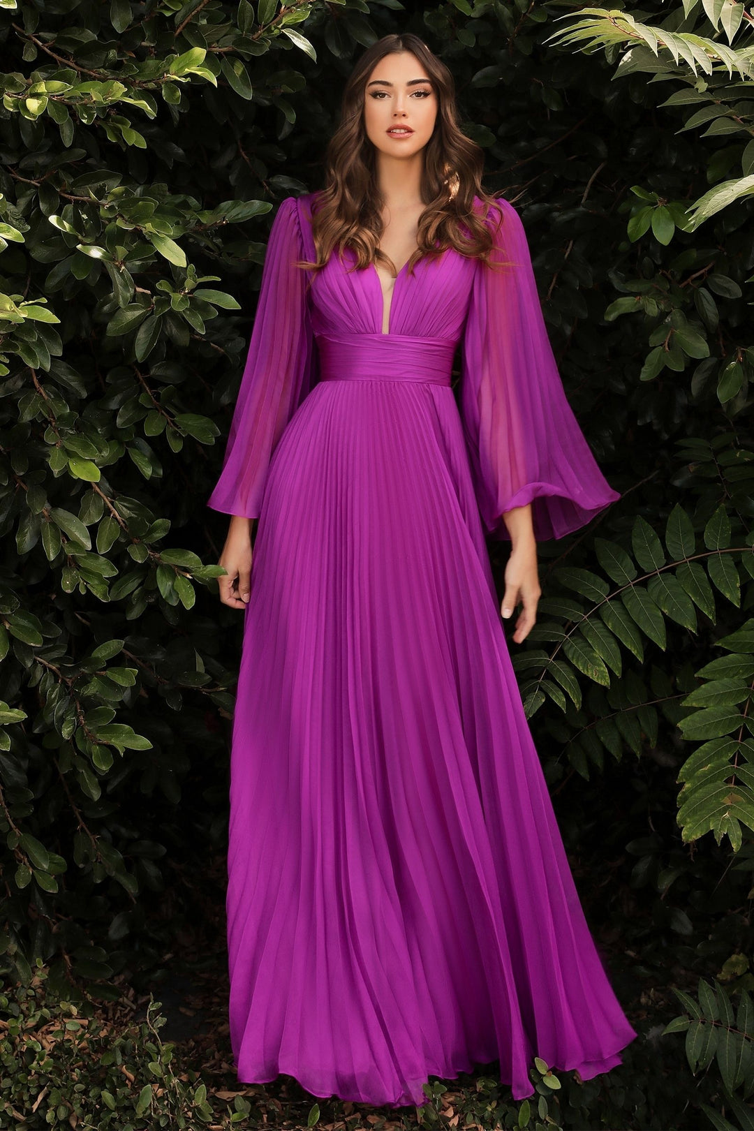 Pleated Chiffon Deep V-Neck Long Sleeves Open Back Long Prom & Bridesmaid Dress CDCD242-3