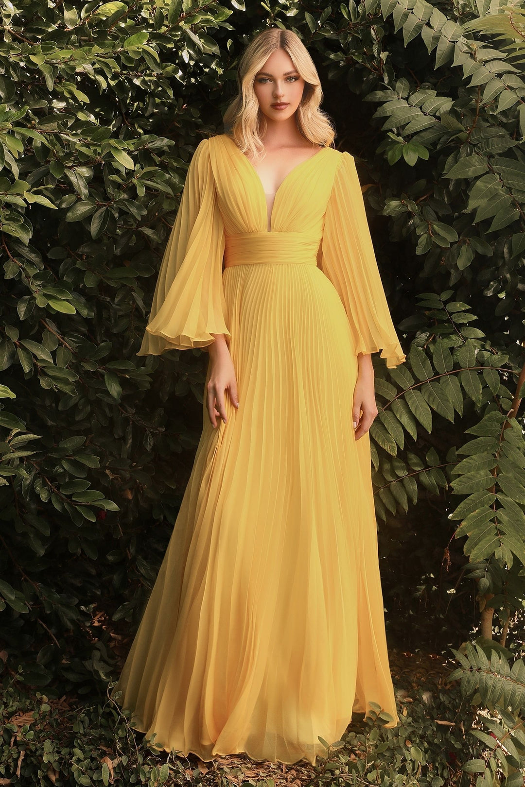 Pleated Chiffon Deep V-Neck Long Sleeves Open Back Long Prom & Bridesmaid Dress CDCD242-8