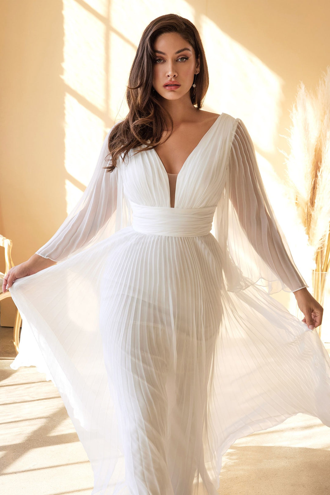 Pleated Chiffon Bridal Deep v-neckline Bodice with Open Back Long Wedding Dress CDCD242W-1