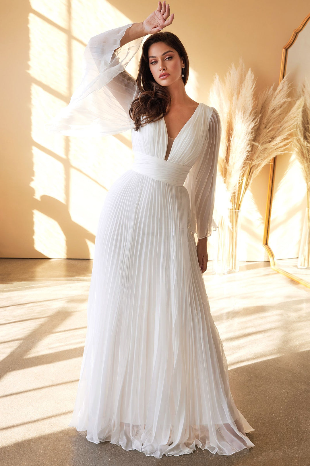 Pleated Chiffon Bridal Deep v-neckline Bodice with Open Back Long Wedding Dress CDCD242W-2