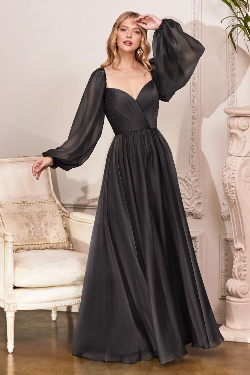 Chiffon A-line Long Sheer Sleeves On or Off Shoulder Neckline Long Prom & Evening Dress CDCD243-0