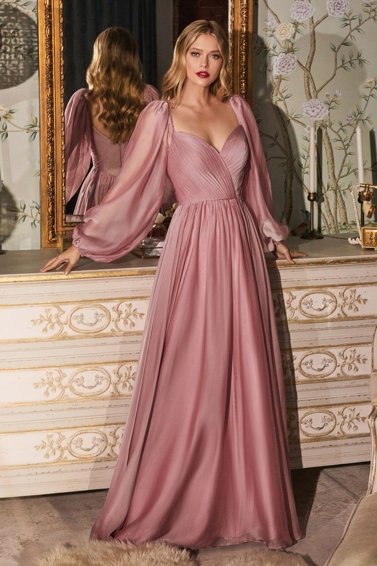 Chiffon A-line Long Sheer Sleeves On or Off Shoulder Neckline Long Prom & Evening Dress CDCD243-2