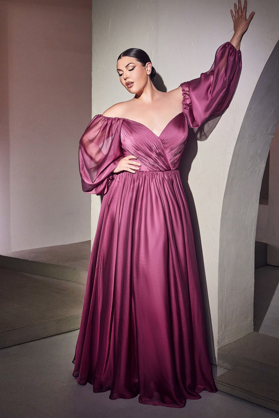 Long Sleeves Bodice A-line Chiffon Plus Size Off Shoulder Long Evening & Prom Dress CDCD243C-0