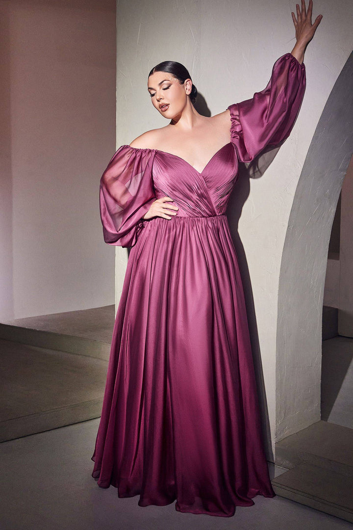 Long Sleeves Bodice A-line Chiffon Plus Size Off Shoulder Long Evening & Prom Dress CDCD243C