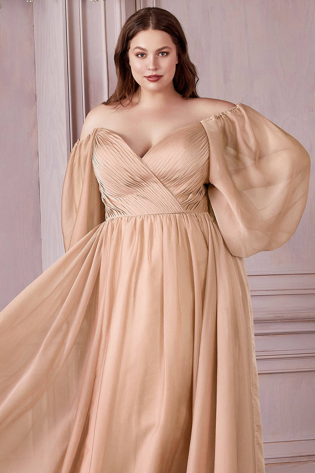 Long Sleeves Bodice A-line Chiffon Plus Size Off Shoulder Long Evening & Prom Dress CDCD243C