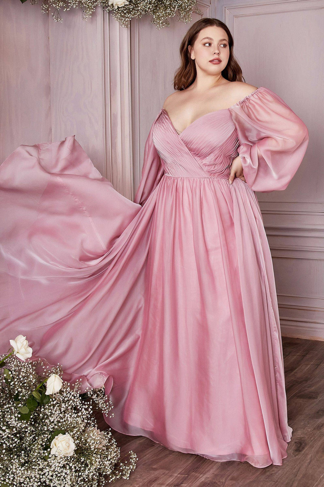 Long Sleeves Bodice A-line Chiffon Plus Size Off Shoulder Long Evening & Prom Dress CDCD243C