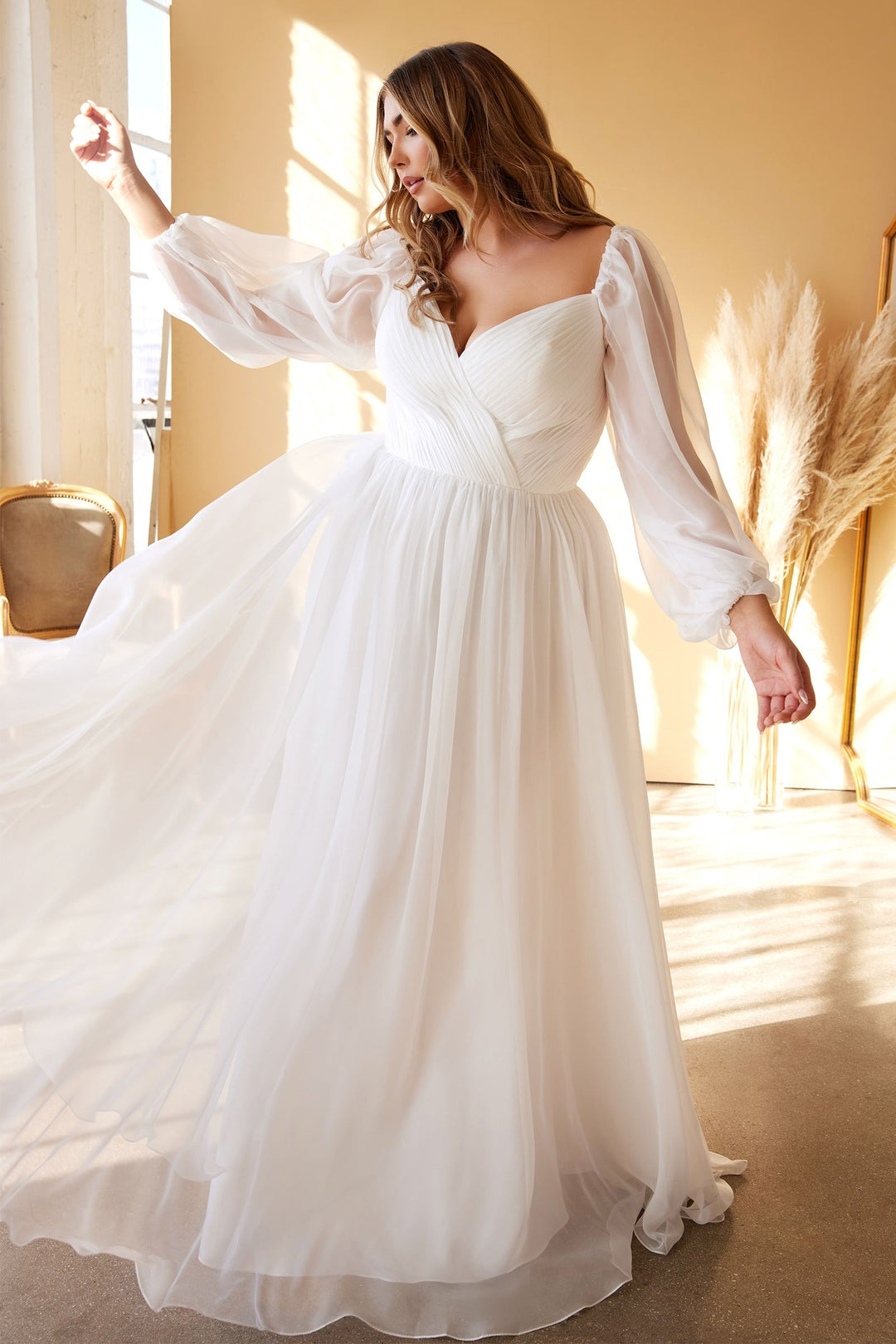 Plus Size Sweetheart Sheer Sleeves Chiffon Tulle Skirt Long Wedding Dress CDCD243WC-1