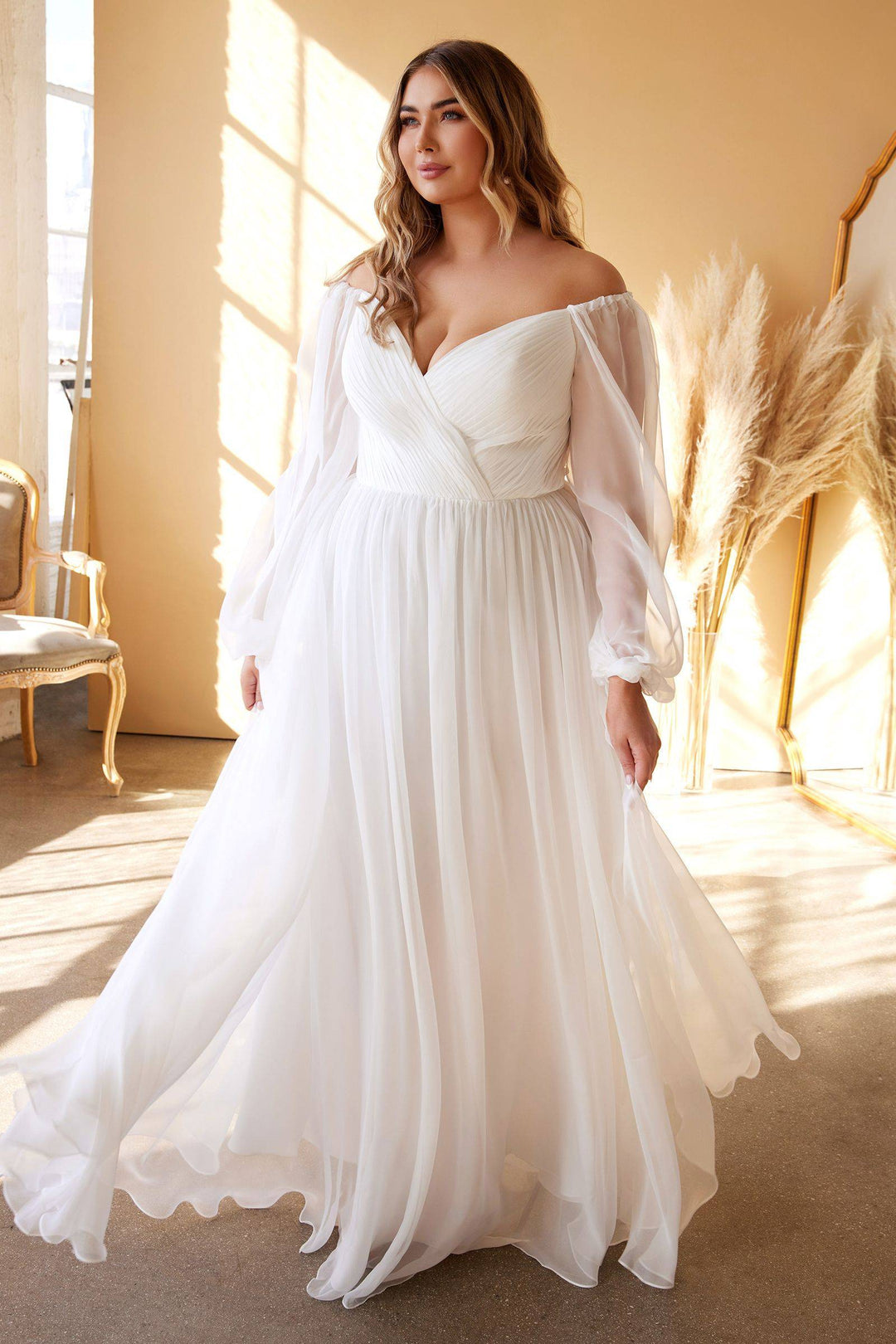 Plus Size Sweetheart Sheer Sleeves Chiffon Tulle Skirt Long Wedding Dress CDCD243WC