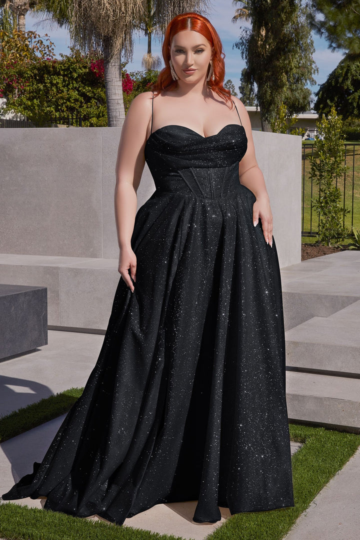 Glitter Shimmering Spaghetti Strap Cowl Neck Plus Size Long Bridesmaid Dress CDCD252C-1