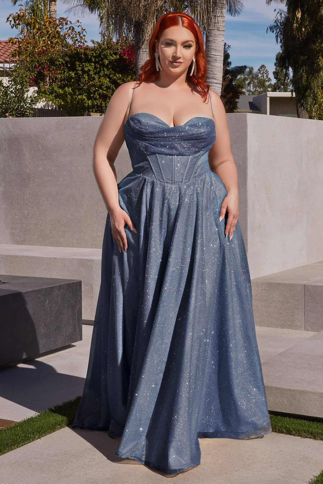 Glitter Shimmering Spaghetti Strap Cowl Neck Plus Size Long Bridesmaid Dress CDCD252C-Shangri-La Fashion