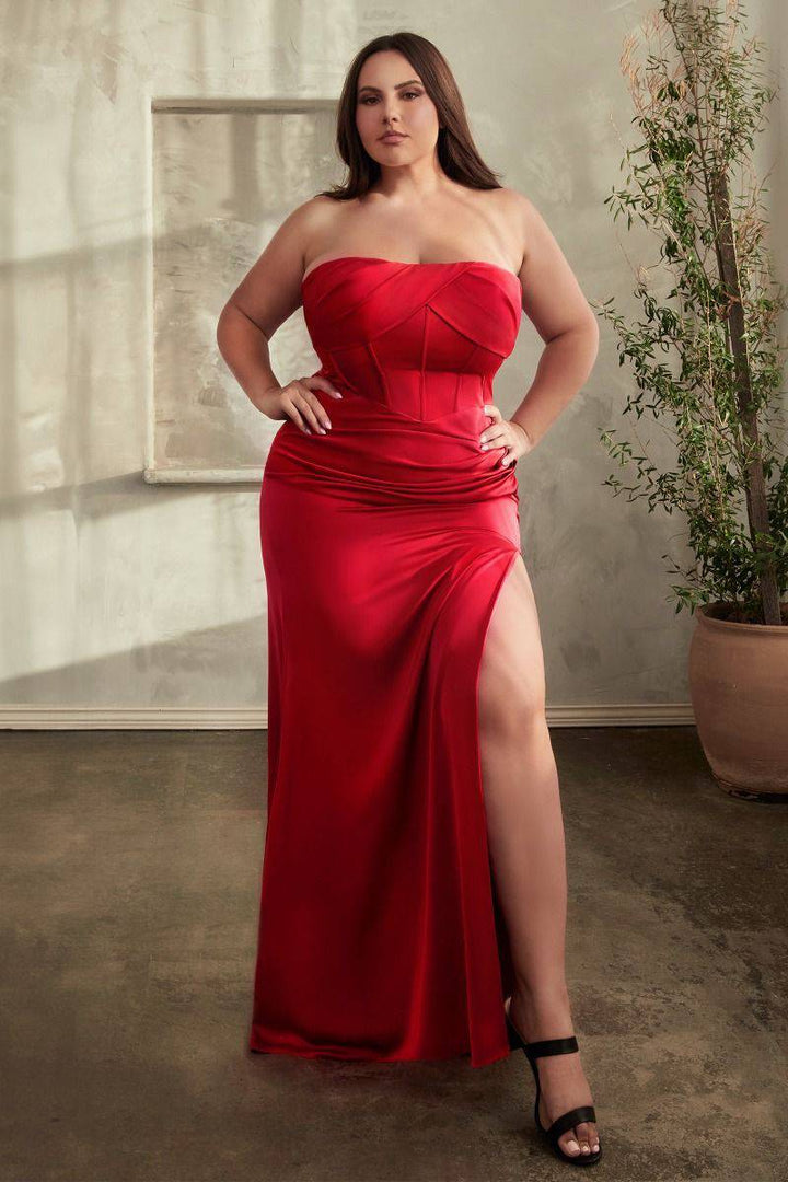 Satin Strapless Side Slit Plus Size Open Back Long Evening & Bridesmaid Dress CDCD326C