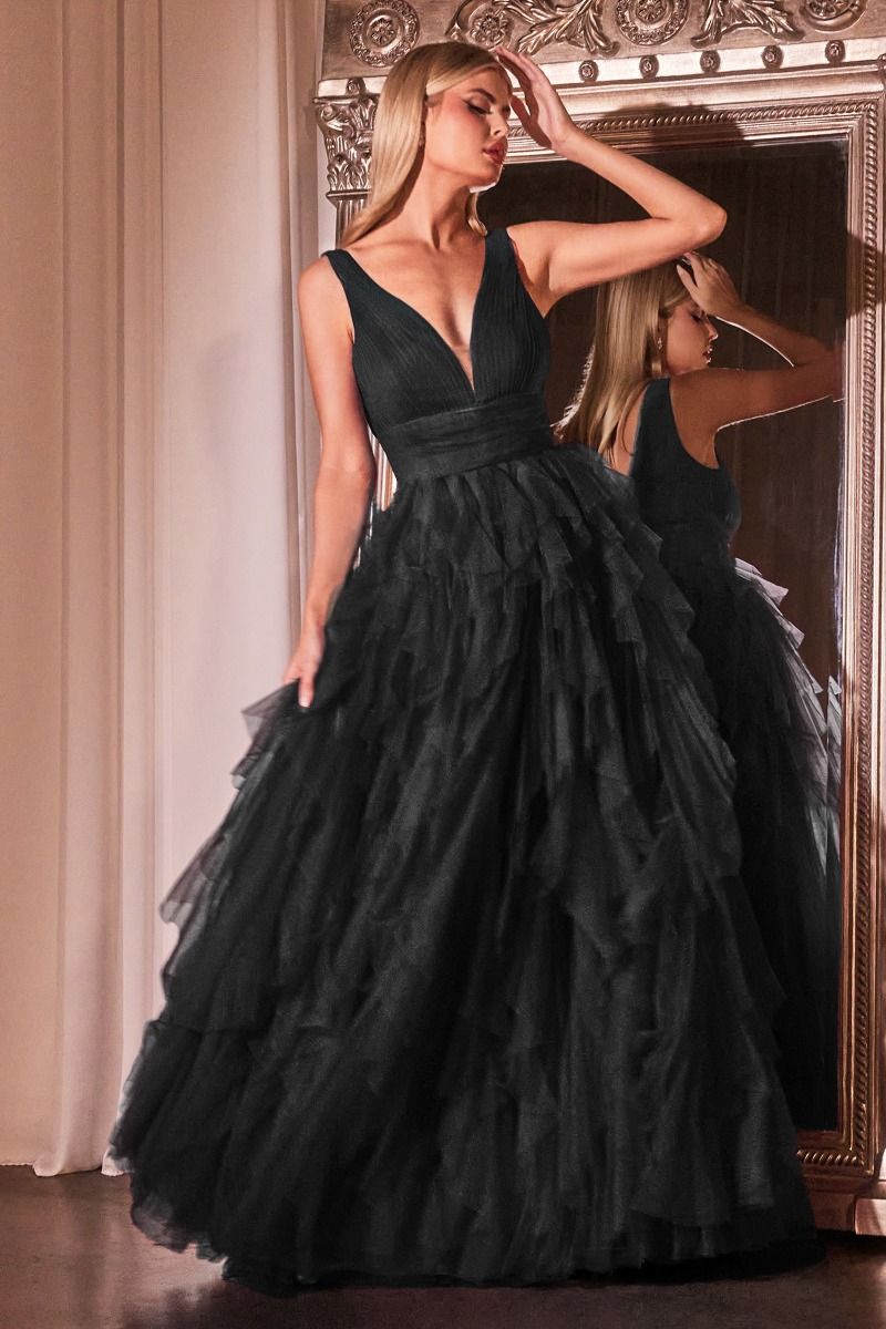 Layered Tiered Tulle A-Line Open V-Back Illusion V-Neck Long Prom Dress CDCD347-0