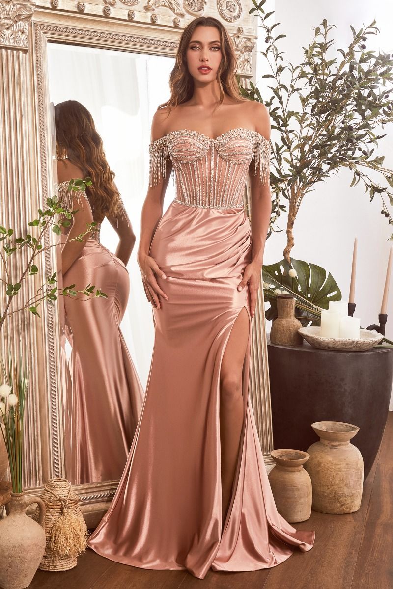 Embellished Off Shoulder Satin Side Slit Sweetheart Long Prom Dress CDCD821-0