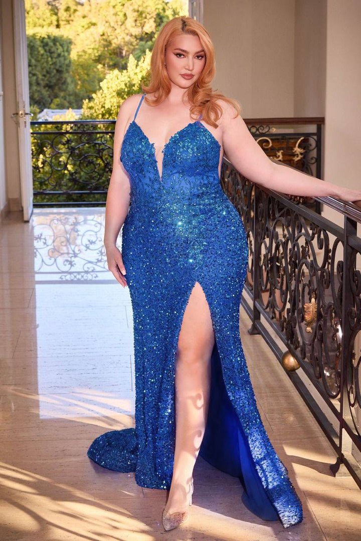 Stretch Sequin Fitted Plus Size Side Slit Illusion V-Neck Long Prom Dress CDCD840C