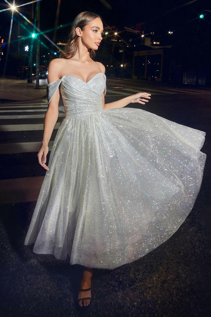 Off The Shoulder Glitter Sweetheart Tea Length Wedding Dress CDCD869W-2