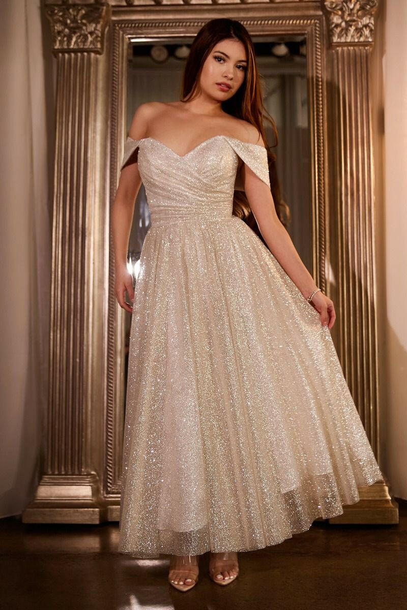 Off The Shoulder Glitter Sweetheart Tea Length Wedding Dress CDCD869W-0