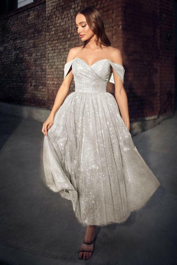 Off The Shoulder Glitter Sweetheart Tea Length Wedding Dress CDCD869W-3