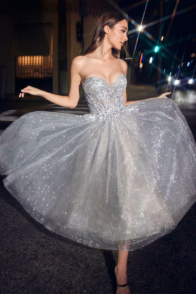 Strapless Embellished Glitter Sweetheart A-Line Midi Prom Dress CDCD871-2