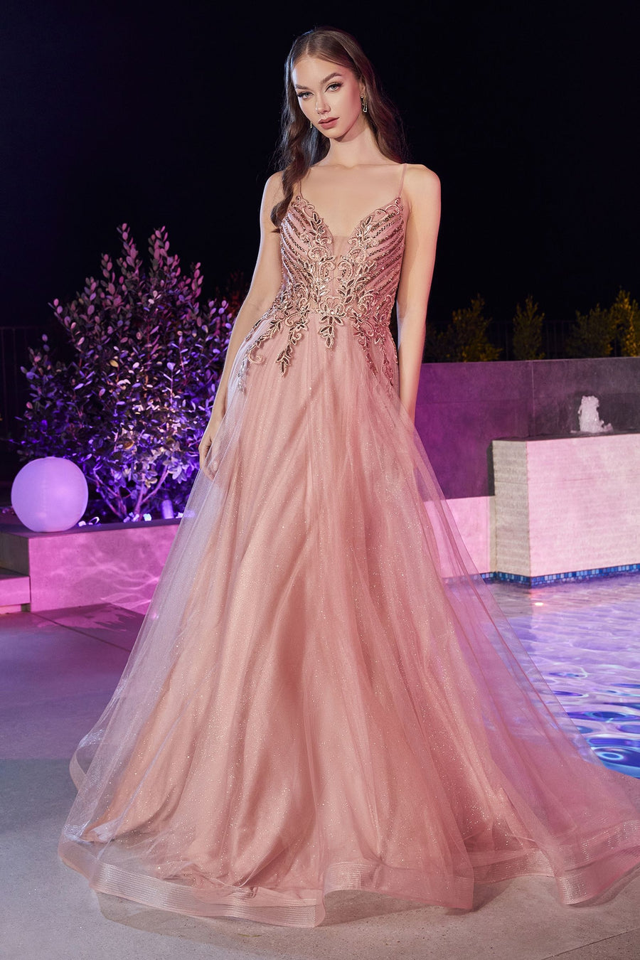 Layered Tulle A-Line Deep V-neck Glittery Embroidered Bodice Long Prom & Bridesmaid Dress CDCD874-0