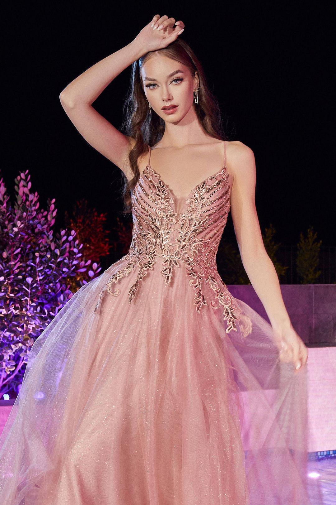 Layered Tulle A-Line Deep V-neck Glittery Embroidered Bodice Long Prom & Bridesmaid Dress CDCD874