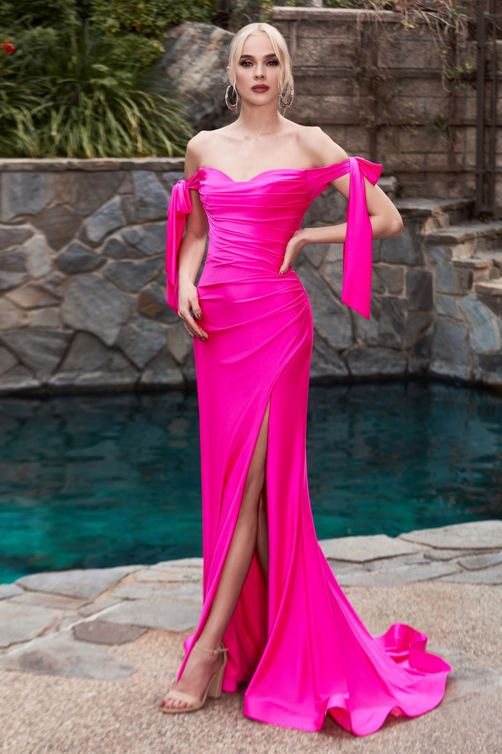 Stretch Jersey Gathered Off or On Shoulder Bodice Leg Slit Long Prom & Bridesmaid Dress CDCD943-5