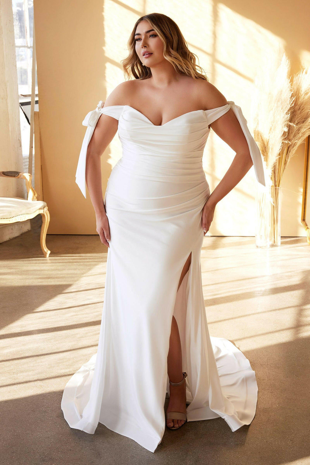 Plus Size Fitted Off Shoulders Cowl Neck Tied Straps Stretch Satin Long Wedding Dress CDCD944WC-0
