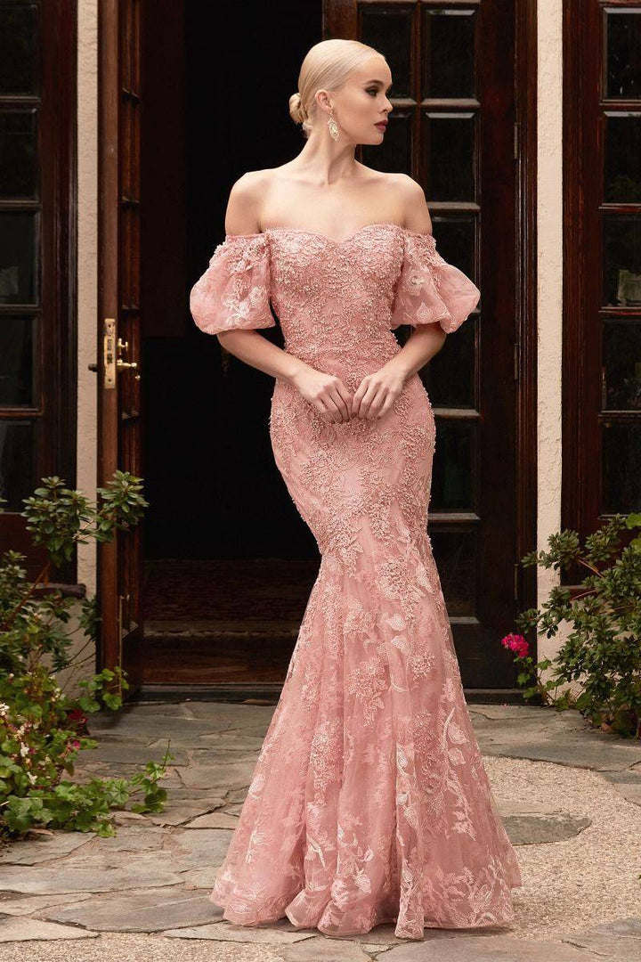 Off Shoulder Mermaid Embellished Flowers Mid Back Short Puff Sleeves Long Prom & Bridesmaid Dress