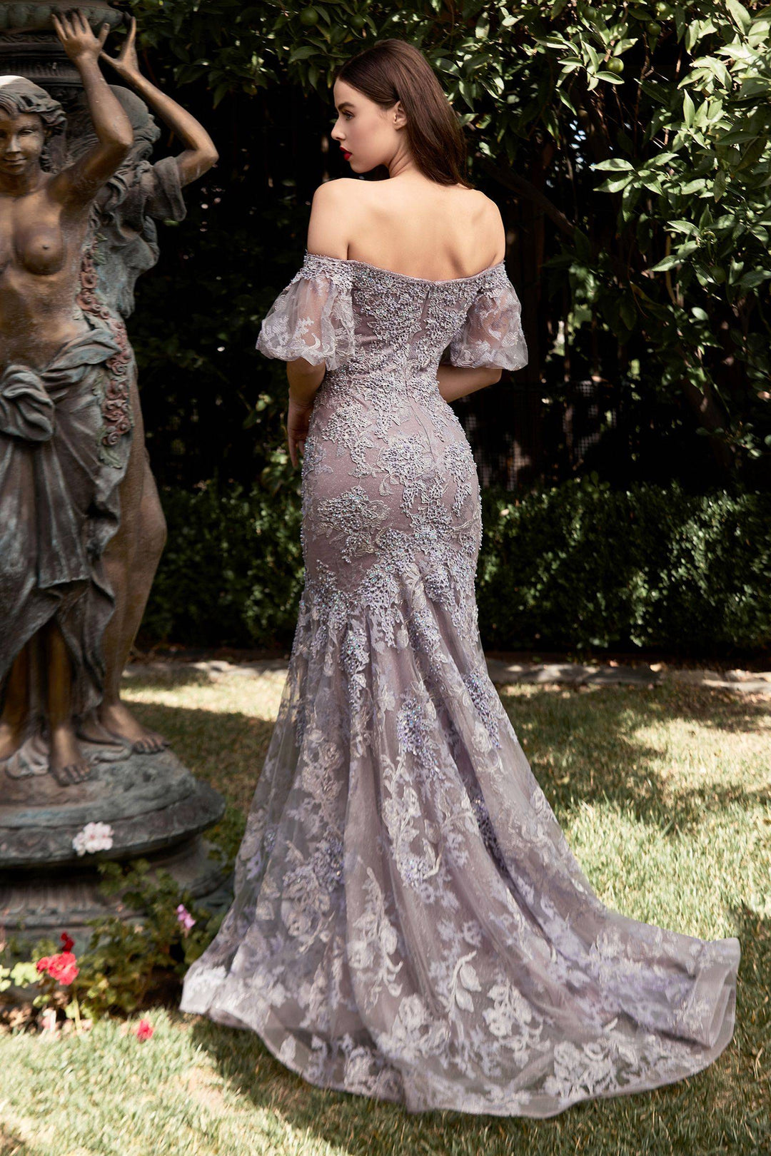 Off Shoulder Mermaid Embellished Flowers Mid Back Short Puff Sleeves Long Prom & Bridesmaid Dress