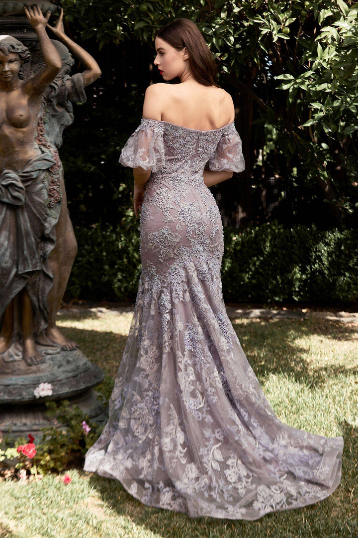 Off Shoulder Mermaid Embellished Flowers Mid Back Short Puff Sleeves Long Prom & Bridesmaid Dress